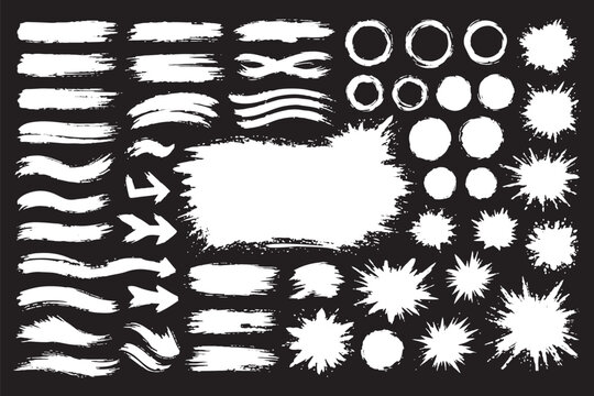 Big set of grunge paint brush stroke, grungy lines, frames, box and artistic design elements on white background. Ink splash, splatter and dirty watercolor texture for social media. Ornament design