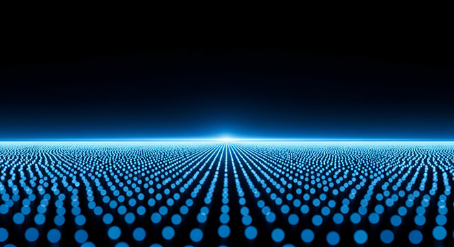 Abstract Blue Digital Grid with Glowing Horizon.