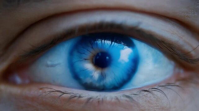 Close up view of reflecting bright blue eye pupil opening wide as human iris reacts to incoming day light while reflecting soft white summer clouds inside clear look of thoughtful calm person
