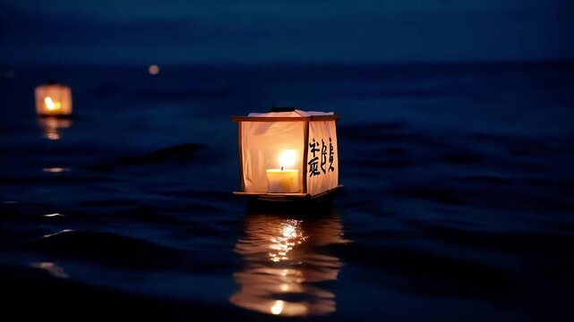 Glowing paper lanterns drifting slowly on dark river water during evening festival, traditional oriental celebration lamps with burning candles floating at night, romantic japanese holiday memory