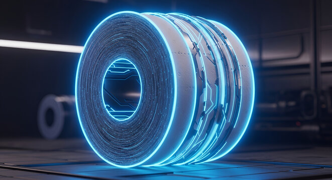 Futuristic Industrial Steel Coils Illuminated by Neon Blue Light.