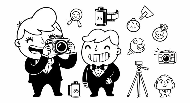 Cute Cartoon Photographers and Photography Equipment Icons Vector Set