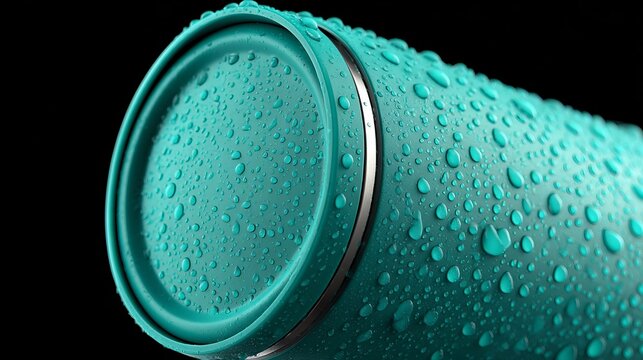 A close-up view of a teal-colored water bottle with water droplets on it