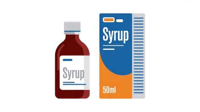 Illustration of a medicine syrup bottle and packaging box isolated on white background