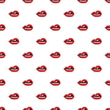 Red lips biting with lipstick creating a repeating pattern on white background