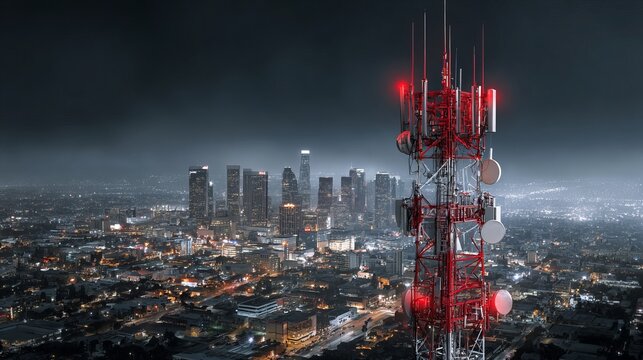 A cityscape at night with a large cell tower in the foreground and skyscrapers in the background under a dark sky