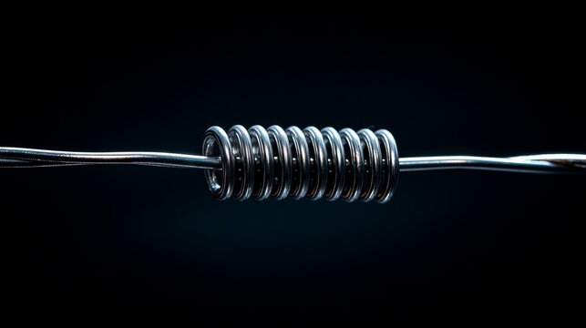 A close-up view of a metal spring connected to two wires on a dark background