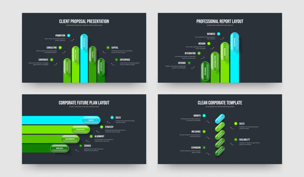 Business Visualization 5 4 Element Diagram Slideshow Layout Bundle. Creative Innovation Five Four Option Infographic Slide Design Vector Illustration Set.