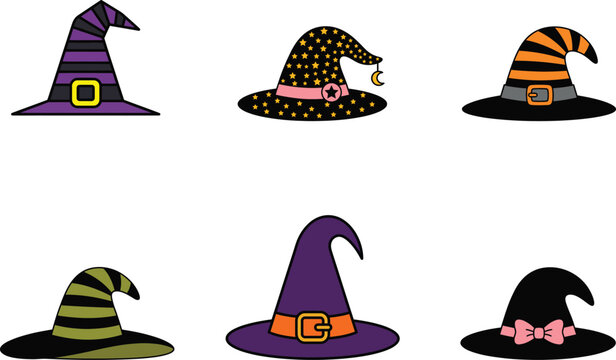 Collection of six different witch hats in various colors and designs on white background