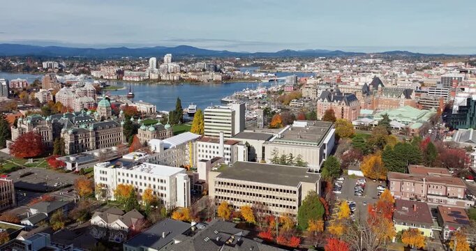 Aerial view of BC Legislative Parliament Building near harbor in Victoria, British Columbia, Canada