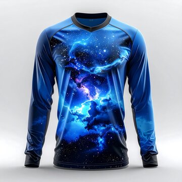 Blue hoodie with abstract galaxy print design.