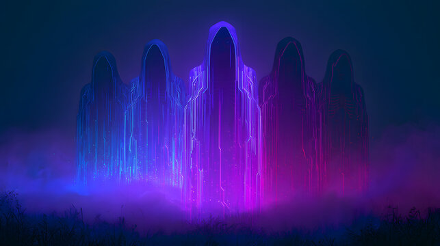 Abstract technology halloween background with digital horror avatars and eerie cyber fog