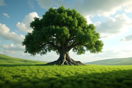 Large Tree Trunk with Exposed Roots in Green Countryside