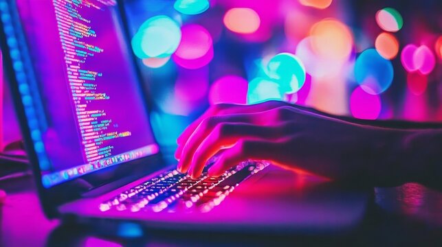 A close-up of hands typing code on a laptop illuminated by neon lights.