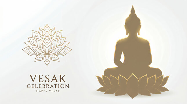 Ilustrasi Dewa Buddha sedang bermeditasi di atas bunga lotus emas dengan desain bingkai bunga yang elegan dan ruang untuk teks, Vesak Day, commemoration of major holidays