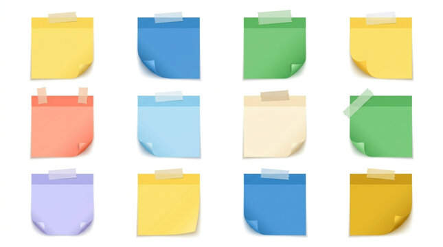 Collection of colorful sticky notes with tape on white background.