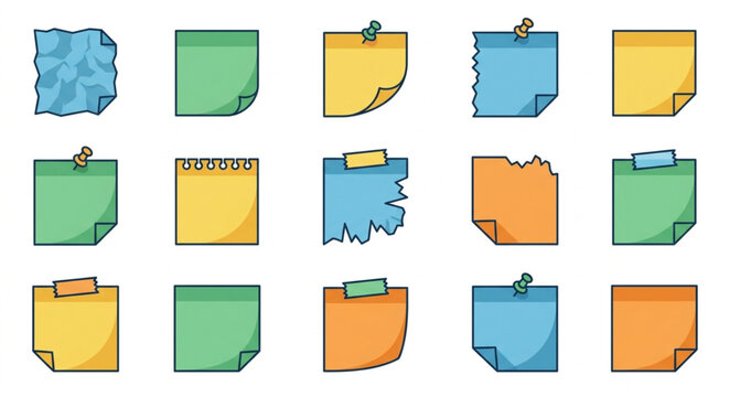 Collection of colorful sticky notes with torn and crumpled edges.