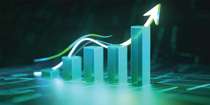 A 3d financial business graph and bar chart with a green arrow showing upward growth and market success in profit data sales
