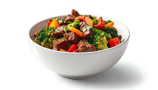 A vibrant bowl features beef chunks stir-fried with colorful peppers, broccoli, and green onions. The dish is presented in a bright white bowl