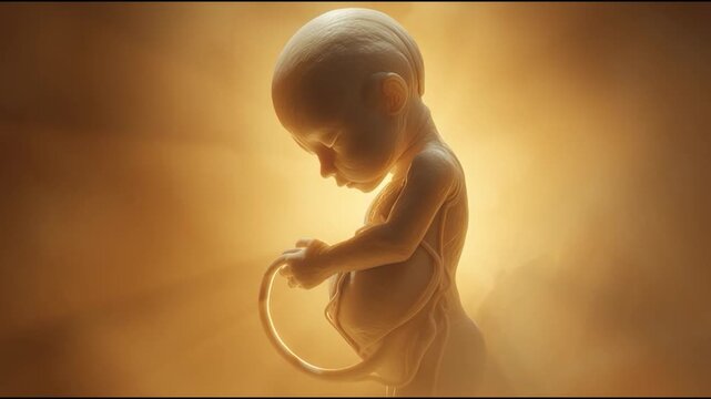 Glowing human fetus in warm light representing prenatal development life creation and medical science concept