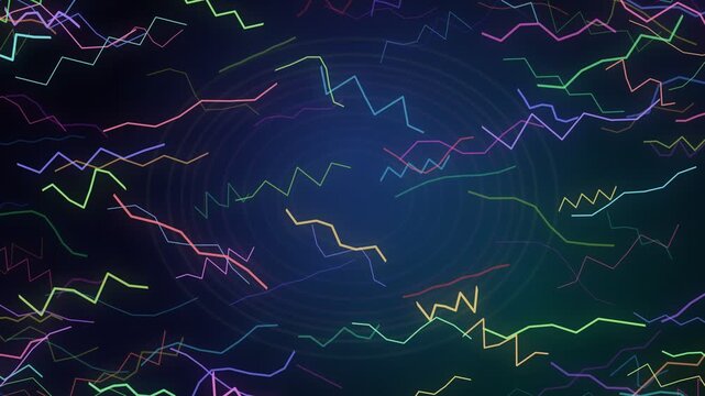 Abstract colorful neon zigzag lines on a dark blue background