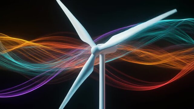 A modern wind turbine with three blades in front of colorful flowing light trails on a dark background, abstract energy concept