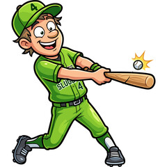 Fototapeta premium A young boy swings a baseball bat hitting a ball outdoors with excitement