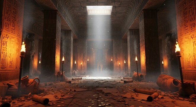 Ancient Egyptian Tomb Interior with Dramatic Light Rays.