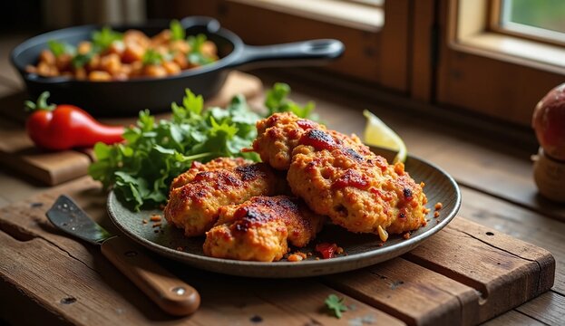Delicious homemade fried meat patties or rissoles served on a plate with fresh greens and lemon on a rustic wooden table