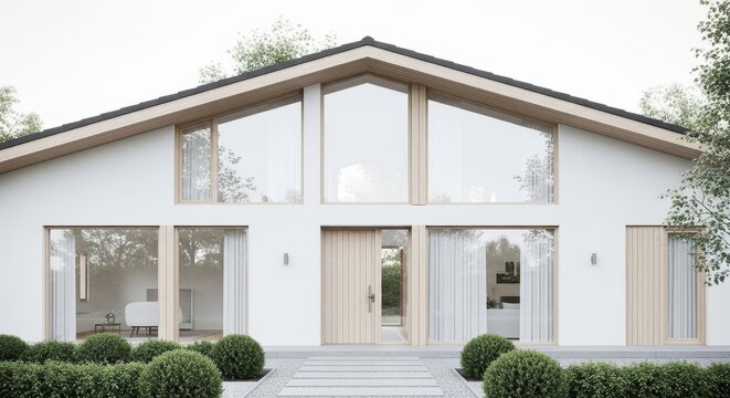 Modern scandinavian house exterior with large windows and minimalist landscaping in daylight