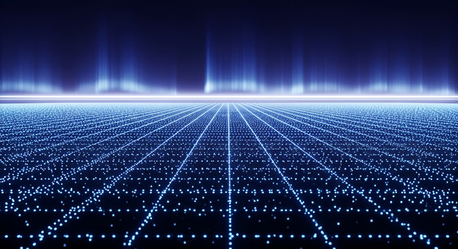 Abstract Digital Grid Landscape with Blue Aurora Lights.