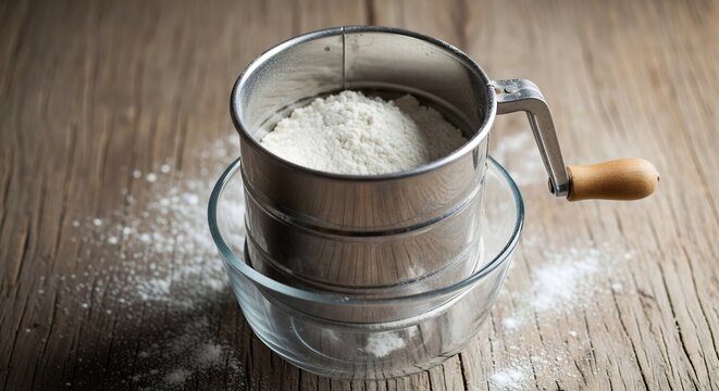 Close-up of a vintage metal flour sifter with a wooden handle over a glass bowl on a rustic wooden table.