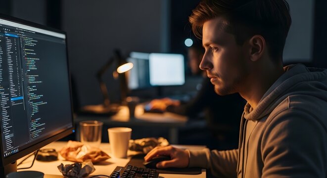 Software Developer Coding on Computer Screen in Dark Room Office