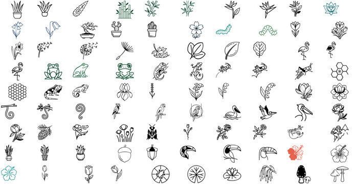 Comprehensive 90-icon nature and wildlife outline set spanning wildflowers, succulents, woodland creatures, reptiles, and insects including lotus, bamboo, flamingo, and gecko for ecological branding