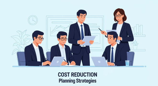 Vector illustration of a professional business team wearing suits in an office setting, collaborating on cost reduction planning strategies using laptops and documents at a table.