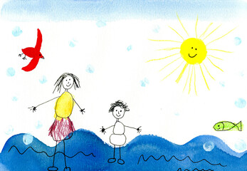 Children's drawing of happy mother with child on vacation