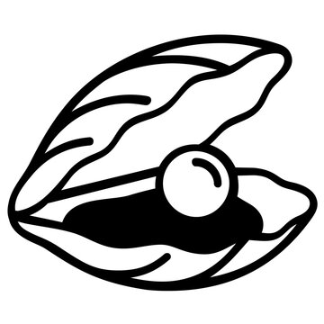 Oyster shell with a pearl inside vector icon. Simple line art illustration of a marine mollusk shell open to reveal a precious pearl, perfect for seafood, jewelry, or ocean-themed graphic design.