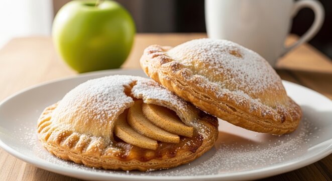 Two fresh apple turnovers dusted with powdered sugar on a white plate next to a green apple and a cup