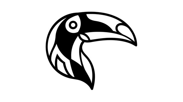 Minimalist toucan bird head and large beak vector icon illustration, featuring clean black and white line art of a tropical rainforest species, perfect for wildlife logos and nature branding.