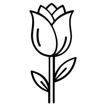 Minimalist tulip bud line icon vector illustration featuring a simple black and white flower design with stem and leaf, perfect for nature, spring, floral branding, and botanical graphics.