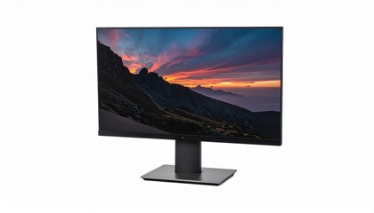 Fototapeta premium Computer monitor displaying vibrant mountain sunset with colorful sky and rocky peaks