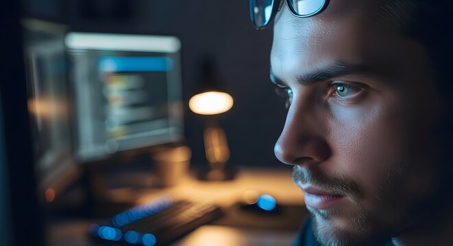 Close Up Face of Focused IT Specialist Looking at Computer Screen in Dark Room