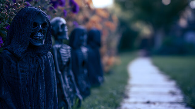 Haunted front yard halloween display with grim reaper props and eerie holiday decor