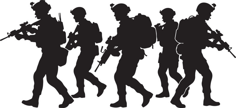 Military soldiers, army troops, infantry squad, silhouette icons, black vector graphics
