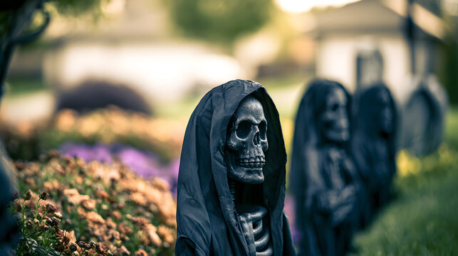 Haunted front yard halloween display with grim reaper props and eerie holiday decor