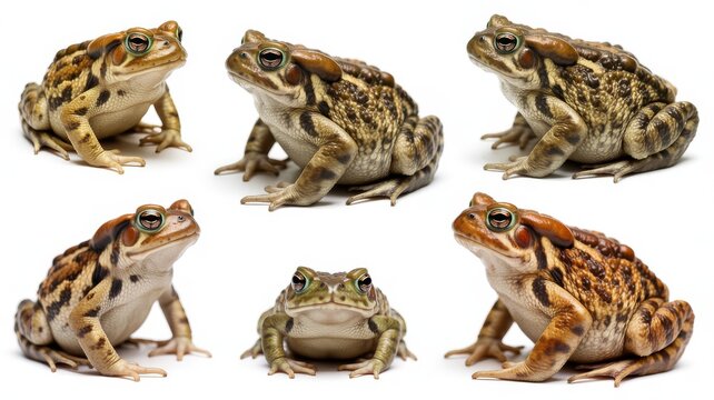 Collection of six toads in different poses isolated on white background