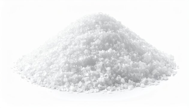 Pile of white granular salt, close-up view of fine salt crystals, isolated on white background