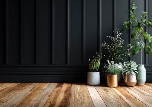 A cozy room corner showcases potted plants against a textured dark wall with a wood floor