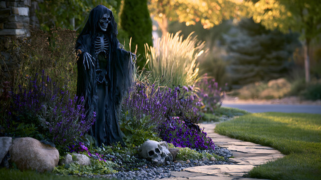 Haunted front yard halloween display with grim reaper props and eerie holiday decor