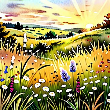 Meadow watercolor painting in warm sunrise tones representing renewal and nature [with copy space]